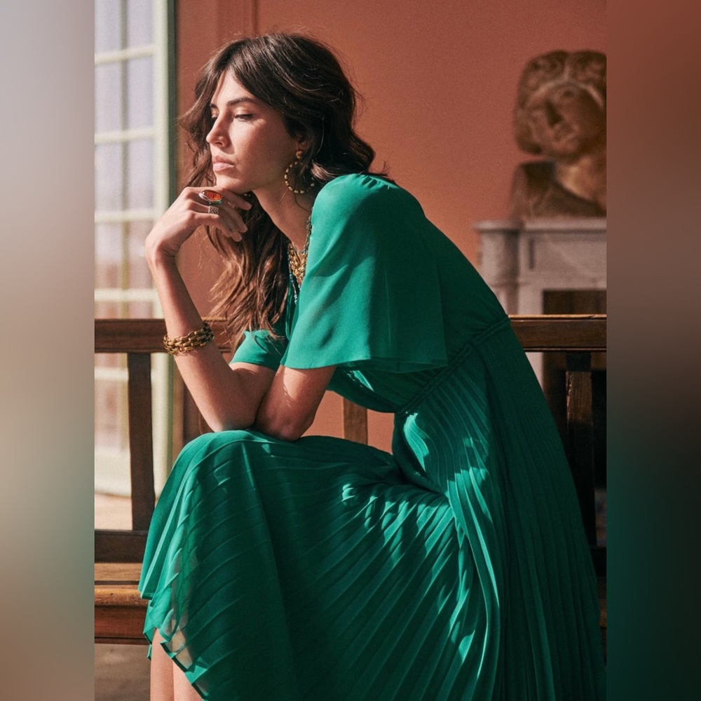 Sezane Emerald Green Pleated Midi Dress - Picture 1 of 8